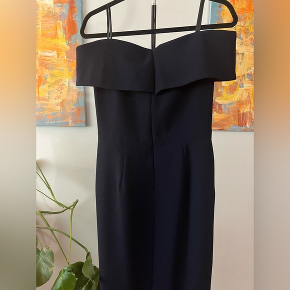 Xscape Women's Midi Scuba Crepe Off The Shoulder Dress in Navy - Picture 6 of 7